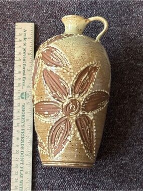 Handmade Ceramic Vase with Floral Relief - Tan and Brown
